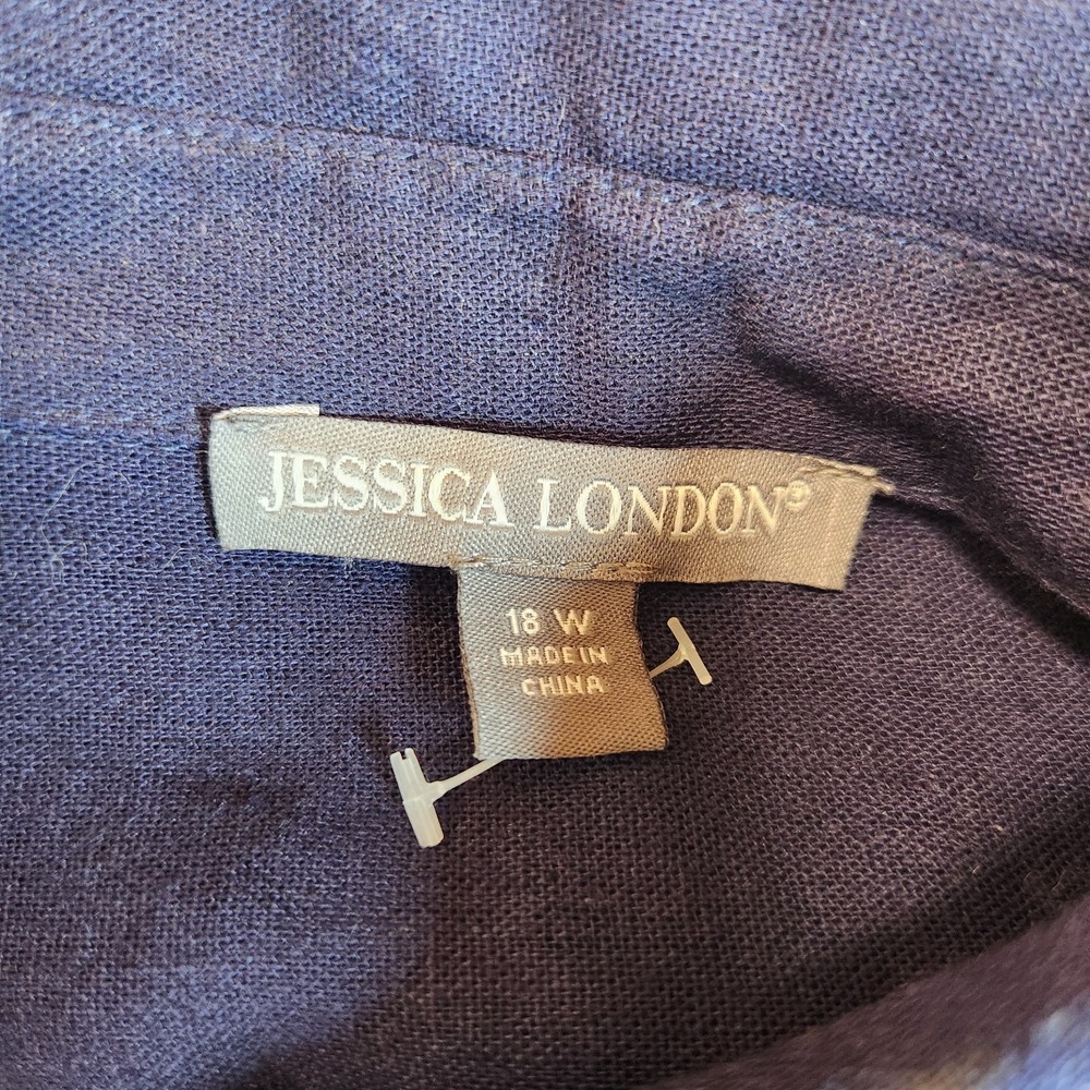 Jessica London Hi-Low Linen Blend Tunic Women`s Sz 18W Navy Blue Roll Tab Sleeve - Picture 8 of 10